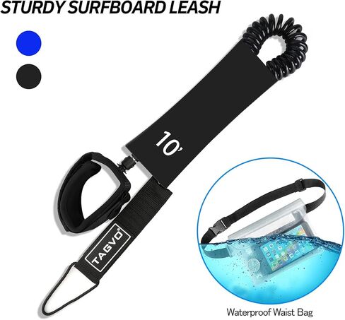 Tagvo Sup Leash Coiled 10' Super Strong 7mm Cord with Waterproof Waist Pouch, Comfortable Padded Neoprene Ankle Cuff Stand up Paddle Board Leash with Double Swivels Anti-rust, Flexible Surfboard Leash in Kuwait