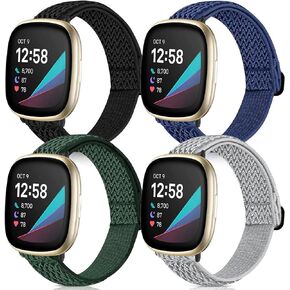 4 Pack Stretchy Bands Compatible with Fitbit Versa 3/Fitbit Versa 4/Fitbit Sense 2/Fitbit Sense Bands Women Men, Adjustable Elastic Breathable Loop Nylon Replacement Straps for Fitbit Sense & Versa 3