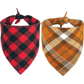 2PCS Fall Dog Bandana, Thanksgiving Dog Bandanas, Autumn Reversible Washable Plaid Triangle Bibs Scarf for Small Medium Large Pets Dogs Cats