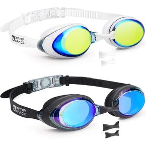 Water Space 2 Pack Swim Goggles with 3 Nose Pieces for Adult Youth Kids 8+, Mirrored Lens UV Protection Anti-fog No-leak