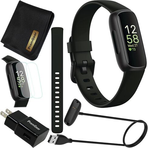 Fitbit Inspire 3 Health & Fitness Activity Tracker (Black) with Workout Intensity, Sleep Tracking, Heart Rate, S & L Bands, 3.3foot Charging Cable, Wall Adapter, Screen Protectors & PremGear Cloth in Saudi Arabia