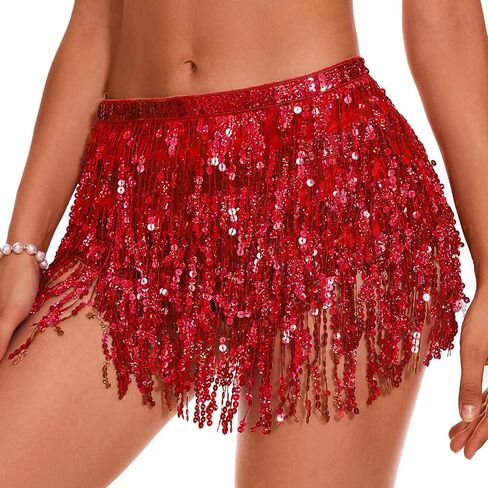Durio Belly Dance Skirt Tassel Fringe Rave Skirt Party Sequin Tassel Skirt Belly Hip Scarf Festival Outfits for Women in Kuwait