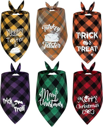 6 قطع من باندانا للكلاب في الخريف وعيد الشكر - عصابات رأس السنة منقوشة بنمط جاموس للكلاب - وشاح للكلاب والقطط والكلاب في الهالوين - طوق باندانا للكلاب والقطط والحيوانات الاليفة مقاس S وL in Kuwait