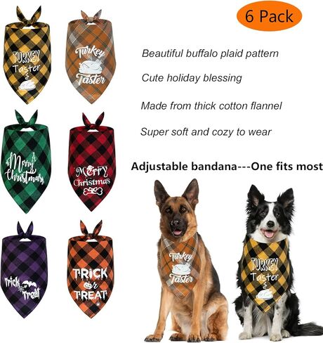 6 قطع من باندانا للكلاب في الخريف وعيد الشكر - عصابات رأس السنة منقوشة بنمط جاموس للكلاب - وشاح للكلاب والقطط والكلاب في الهالوين - طوق باندانا للكلاب والقطط والحيوانات الاليفة مقاس S وL in Kuwait