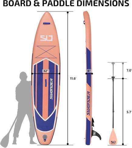 لوح تجديف قابل للنفخ مقاس 11'6 بوصة من سوندر، لوح تجديف عالي التحمل للبالغين والأطفال، قدرة عالية تصل إلى 300 رطل مع ملحقات متميزة بما في ذلك مضخة هواء، ومجاديف، ومقود، وحقيبة ظهر in Kuwait