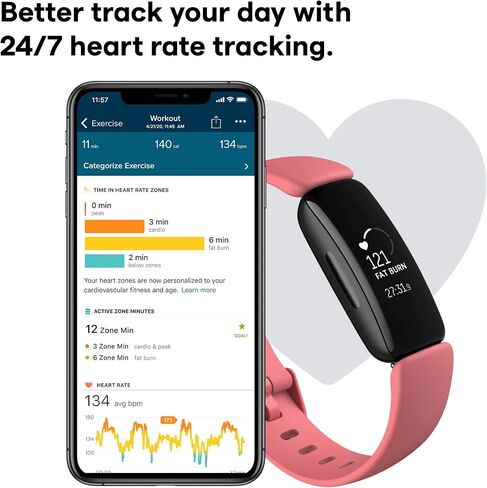 Fitbit Inspire 2 Health & Fitness Tracker with a Free 1-Year Premium Trial, 24/7 Heart Rate, Black/Black, One Size (S & L Bands Included) (Renewed) in Saudi Arabia
