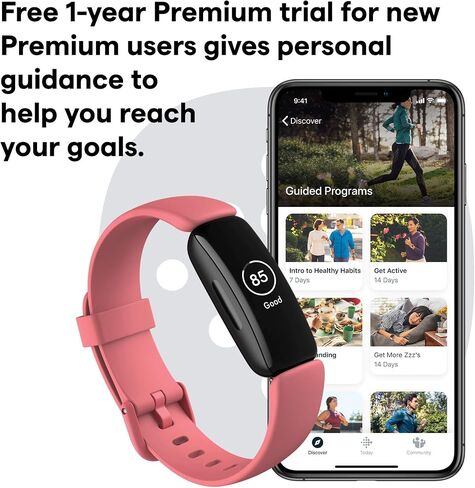 Fitbit Inspire 2 Health & Fitness Tracker with a Free 1-Year Premium Trial, 24/7 Heart Rate, Black/Black, One Size (S & L Bands Included) (Renewed) in Saudi Arabia