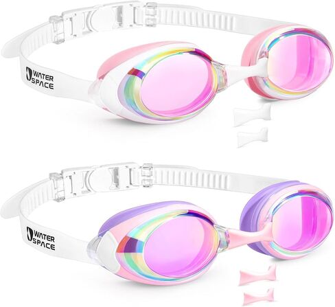 Water Space 2 Pack Swim Goggles with 3 Nose Pieces for Adult Youth Kids 8+, Mirrored Lens UV Protection Anti-fog No-leak in Kuwait