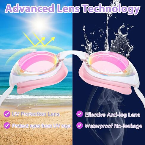 Water Space 2 Pack Swim Goggles with 3 Nose Pieces for Adult Youth Kids 8+, Mirrored Lens UV Protection Anti-fog No-leak in Kuwait