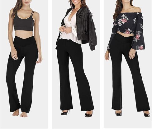 سروال نسائي لليوجا بخصر متقاطع، سروال عالي الخصر للتحكم في البطن، سروال ضيق للتمرين بأرجل واسعة in Kuwait