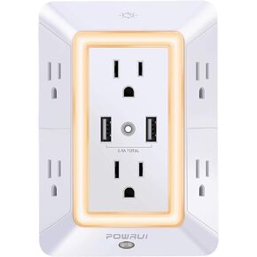 POWRUI 6-Outlet Extender with 2 USB Charging Ports, USB Wall Charger, Surge Protector 2.4A, Night Light, 3-Sided Power Strip with Adapter Spaced Outlets, ETL Certified, White