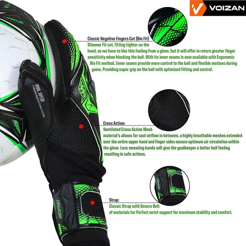 قفازات حارس مرمى كرة القدم Voizan Rival Vipera - قطع سلبي، قفازات حارس مرمى كرة القدم مع أشواك الأصابع وحماية المعصم، قفازات حارس المرمى للشباب، قفازات كرة القدم للبالغين، الأولاد والبنات in Kuwait