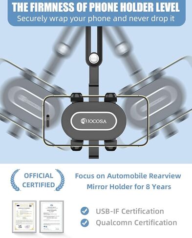 JOCOSA Rear View Mirror Phone Holder, Large Rear Mirrors Friendly, Phone Mount for Car, 2023 Upgraded 4 Clip More Stable, 360° Rotatable and Retractable Car Phone Holder Fit All Mobiles in Kuwait