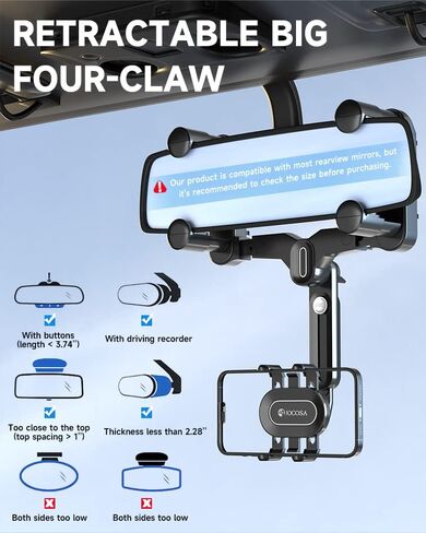JOCOSA Rear View Mirror Phone Holder, Large Rear Mirrors Friendly, Phone Mount for Car, 2023 Upgraded 4 Clip More Stable, 360° Rotatable and Retractable Car Phone Holder Fit All Mobiles in Kuwait
