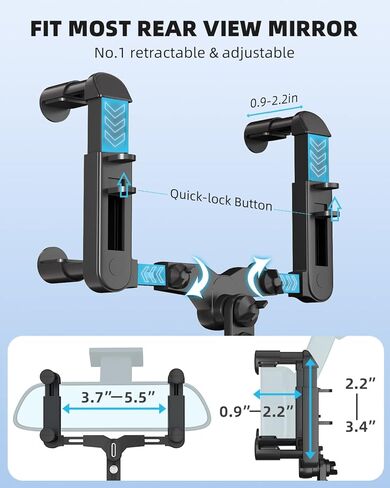 JOCOSA Rear View Mirror Phone Holder, Large Rear Mirrors Friendly, Phone Mount for Car, 2023 Upgraded 4 Clip More Stable, 360° Rotatable and Retractable Car Phone Holder Fit All Mobiles in Kuwait