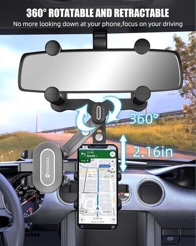 JOCOSA Rear View Mirror Phone Holder, Large Rear Mirrors Friendly, Phone Mount for Car, 2023 Upgraded 4 Clip More Stable, 360° Rotatable and Retractable Car Phone Holder Fit All Mobiles in Kuwait
