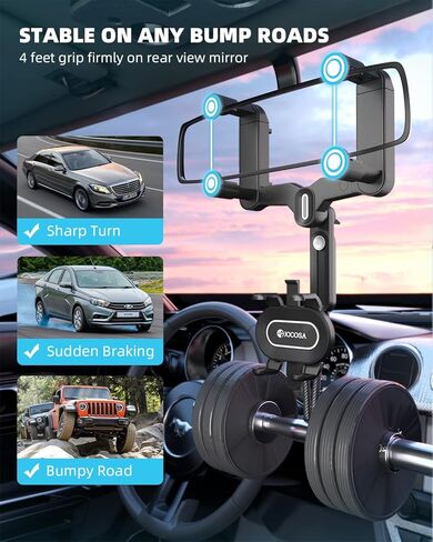 JOCOSA Rear View Mirror Phone Holder, Large Rear Mirrors Friendly, Phone Mount for Car, 2023 Upgraded 4 Clip More Stable, 360° Rotatable and Retractable Car Phone Holder Fit All Mobiles in Kuwait