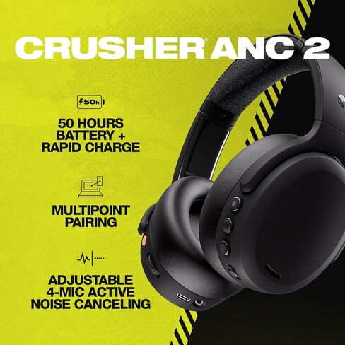Skullcandy Crusher ANC 2 Over-Ear Noise Cancelling Wireless Headphones with Sensory Bass, 50 Hr Battery, Skull-iQ, Alexa Enabled, Microphone, Works with Bluetooth Devices - Black in Saudi Arabia