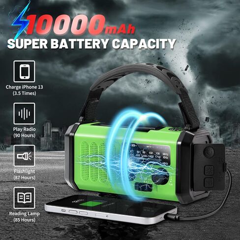 10000mAh Emergency Crank Radio, NOAA/AM/FM Weather Radio, Type-C Charge,Solar Charging,SOS, 3 Modes LED Torch, Reading Lamp, Compass for Outdoor Survival (Red) in Kuwait