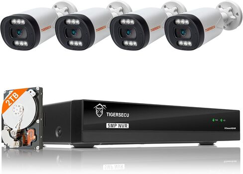 نظام كاميرا أمان TIGERSECU Ultra HD 5MP PoE NVR مع 4 كاميرات IP PoE، 8 قنوات NVR مع محرك أقراص ثابتة 2 تيرابايت، رؤية ليلية ملونة، إنذار صفارات الإنذار، كشف بشري بالذكاء الاصطناعي in Kuwait