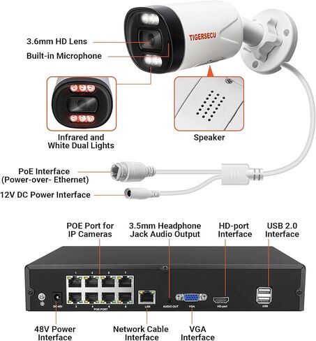 نظام كاميرا أمان TIGERSECU Ultra HD 5MP PoE NVR مع 4 كاميرات IP PoE، 8 قنوات NVR مع محرك أقراص ثابتة 2 تيرابايت، رؤية ليلية ملونة، إنذار صفارات الإنذار، كشف بشري بالذكاء الاصطناعي in Kuwait