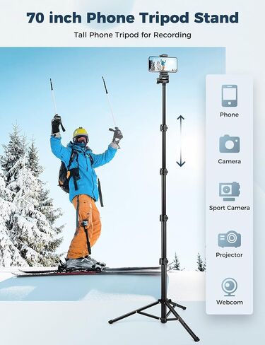 Phone Tripod for iPhone, 70" Selfie Stick Phone Tripod, Extendable Tripod Stand with Remote Phone Holder, Aluminum Tripod for Cell Phone Photo Recording Video Vlogging Live Streaming in Kuwait