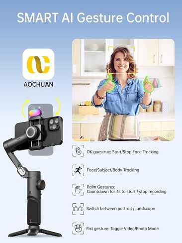 AOCHUAN Smart XE 3-Axis Phone Gimbal Stabilizer for iPhone | Foldable handheld smartphone gimbal w/focus wheel, TikTok, YouTube vlog, video creation, compatible with iPhone&Android in Kuwait