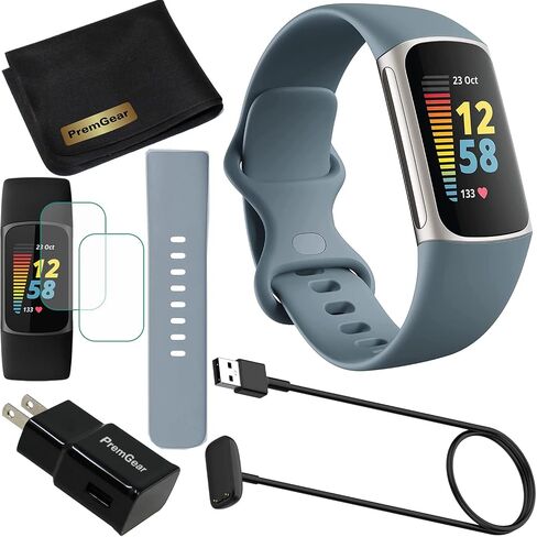 جهاز تتبع اللياقة البدنية والصحة المتقدم Fitbit Charge 5 (أزرق) مع نظام تحديد المواقع العالمي (GPS) المدمج وأدوات إدارة الإجهاد، وحزمة مع شريطين للساعة، وكابل شحن بطول 3.3 قدم، ومحول حائط، ودرع شاشة ومعدات PremGear لـ Fitbit in Saudi Arabia