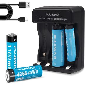 بطاريات ليثيوم PUJIMAX AA AAA قابلة لإعادة الشحن مع شاحن، مجموعة كومبو بطارية ليثيوم قابلة لإعادة الشحن 1.5 فولت مكونة من عبوتين AA-3000 مللي واط في الساعة وعبوتين AAA-1100 مللي واط في الساعة، 1500 دورة، شحن سريع 1.5 ساعة (4 عبوات) in Kuwait