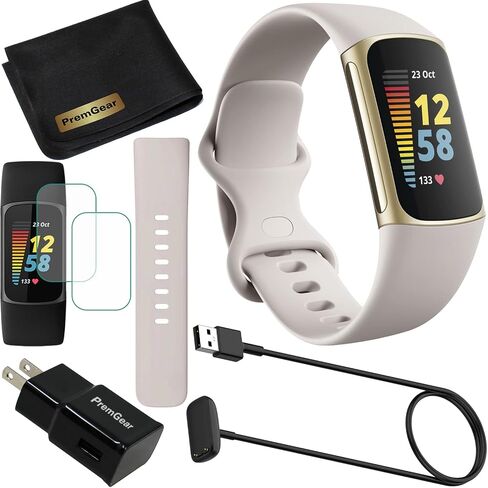 جهاز تتبع اللياقة البدنية والصحة المتقدم Fitbit Charge 5 (أبيض) مع نظام تحديد المواقع العالمي (GPS) المدمج وأدوات إدارة الإجهاد، وحزمة مع شريطين للساعة، وكابل شحن بطول 3.3 قدم، ومحول حائط، ودرع شاشة ومعدات PremGear لـ Fitbit in Saudi Arabia