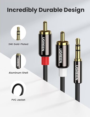 UGREEN 3.5mm to RCA Cable, 6.6FT 2RCA Male to Aux Audio Adapter, HiFi Sound | RCA to Aux Connector for Phone Speaker MP3 Tablet HDTV, Auxiliary 1/8 to RCA Cord Headphone Jack Y Splitter with Metal Shell in Kuwait