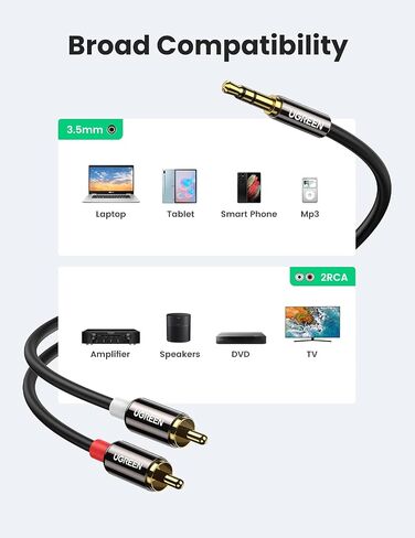 UGREEN 3.5mm to RCA Cable, 6.6FT 2RCA Male to Aux Audio Adapter, HiFi Sound | RCA to Aux Connector for Phone Speaker MP3 Tablet HDTV, Auxiliary 1/8 to RCA Cord Headphone Jack Y Splitter with Metal Shell in Kuwait