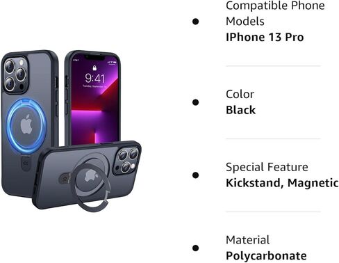حافظة CASEKOO مصممة لهاتف iPhone 13 Pro Max مع حامل مغناطيسي غير مرئي للحماية من السقوط العسكري متوافقة مع حافظة هاتف MagSafe غير لامعة مقاومة للصدمات لهاتف iPhone 13 Pro Max 6.7 بوصة 2021، أسود in Kuwait