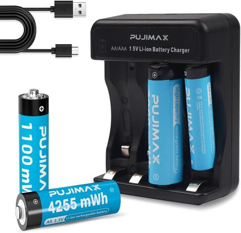 بطاريات ليثيوم PUJIMAX AA AAA قابلة لإعادة الشحن مع شاحن، مجموعة كومبو بطارية ليثيوم قابلة لإعادة الشحن 1.5 فولت مكونة من عبوتين AA-3000 مللي واط في الساعة وعبوتين AAA-1100 مللي واط في الساعة، 1500 دورة، شحن سريع 1.5 ساعة (4 عبوات) in Kuwait
