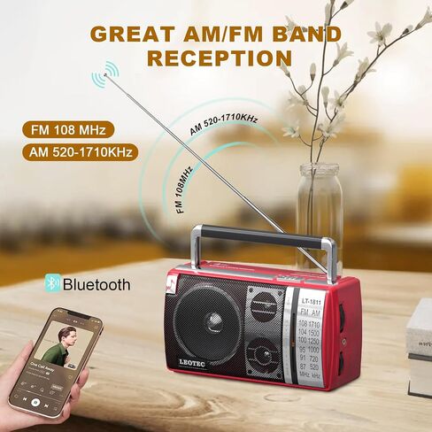 LEOTEC AM FM Radio Portable with Bluetooth 3.5mm Headphone Jack AC/DC Power | High-sensitivity signal,stable reception,compact design for indoor & outdoor,large tuning knob friendly to elderly users in Kuwait