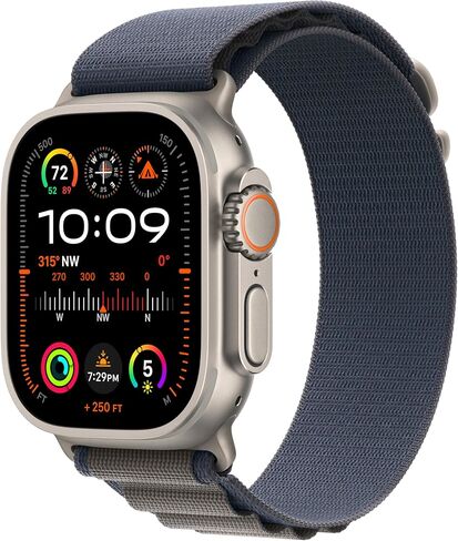 Apple Watch Ultra 2 [GPS + Cellular 49mm] Smartwatch with Rugged Titanium Case & Blue Alpine Loop Small. Fitness Tracker, Precision GPS, Action Button, Extra-Long Battery Life, Carbon Neutral in Saudi Arabia
