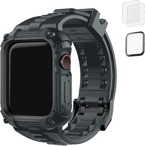 Fullmosa Band with Case for Apple Watch 49/46/45/44/42/41/40mm | Fits iWatch Series 11 10 9 8 7 6 5 4 Ultra SE,TPU Rugged Strap Military Grade Shockproof Bumper Case for Men Women Black in Kuwait
