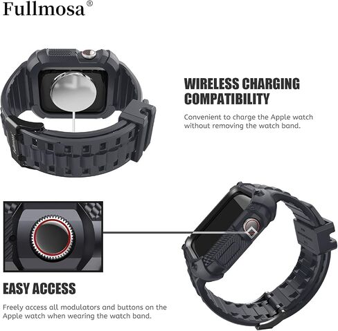 Fullmosa Band with Case for Apple Watch 49/46/45/44/42/41/40mm | Fits iWatch Series 11 10 9 8 7 6 5 4 Ultra SE,TPU Rugged Strap Military Grade Shockproof Bumper Case for Men Women Black in Kuwait