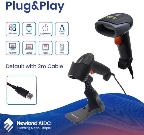 قارئ قارئ باركود محمول بسلك نيولاند ماسح باركود واحد مع حامل قابل للتعديل سريع للغاية ودقيق يدعم النوافذ/Mac/iOS/Android/Linux/Pos in Kuwait