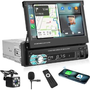 Podofo Single Din Car Stereo 7 بوصة قابلة للطي تعمل باللمس متوافقة مع Apple Carplay & Android Auto Mirror Link مستقبل صوت السيارة كاميرا احتياطية بلوتوث SWC FM راديو USB/TF/AUX وحدة رأس المنفذ in Kuwait
