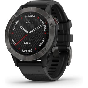 ساعة Garmin Fenix ​​6 Sapphire، ساعة GPS متعددة الرياضات المتميزة، تتميز برسم الخرائط والموسيقى وتوجيه السرعة المعدل ومستشعرات نبض الثور، رمادي داكن مع شريط أسود (متجدد) in Kuwait