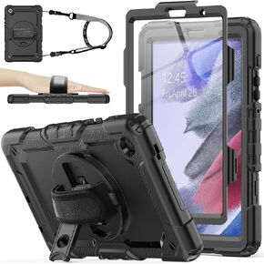 Case for Samsung Galaxy Tab A7 Lite 2021 8.7'' SM-T220/T225/T227 with Screen Protector Pencil Holder [360 Rotating Hand Strap] &Stand, SEYMAC stock Drop-Proof, Black