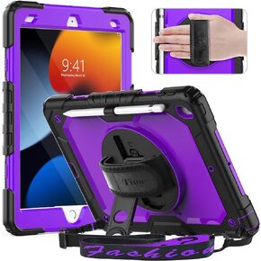 Timecity Case for iPad 9th/ 8th/ 7th Generation 10.2 inch (Case for iPad 9/8/ 7 Gen): with Strong Protection, Screen Protector, Hand/Shoulder Strap, Rotating Stand, Pencil Holder - Black in Kuwait