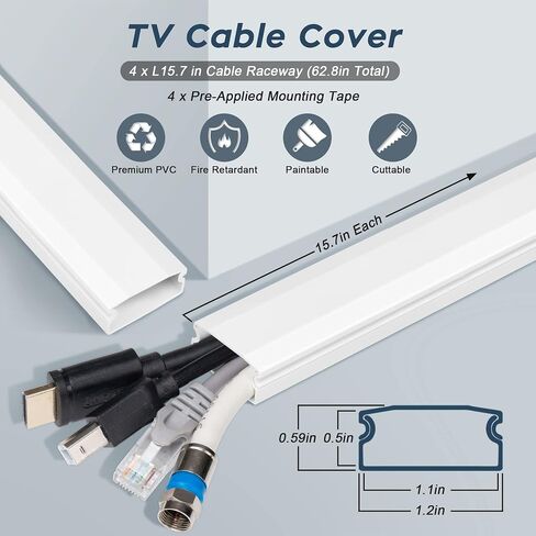 إخفاء كابل التلفزيون - جدار إدارة الكابلات لإخفاء سلك PVC مقاس 62.8 بوصة، خافي عيوب الكابل القابل للطلاء للتلفزيون المثبت على الحائط، إخفاء الأسلاك البيضاء لمجرى الكابل، أغطية أسلاك الحائط للأسلاك، 4 * طول 15.7 بوصة * عرض 1.2 بوصة * ارتفاع 0.59 بوصة in Kuwait