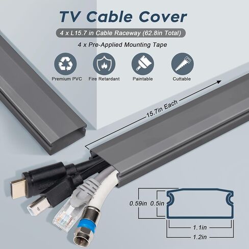 إخفاء كابل التلفزيون - جدار إدارة الكابلات لإخفاء سلك PVC مقاس 62.8 بوصة، خافي عيوب الكابل القابل للطلاء للتلفزيون المثبت على الحائط، إخفاء الأسلاك البيضاء لمجرى الكابل، أغطية أسلاك الحائط للأسلاك، 4 * طول 15.7 بوصة * عرض 1.2 بوصة * ارتفاع 0.59 بوصة in Kuwait