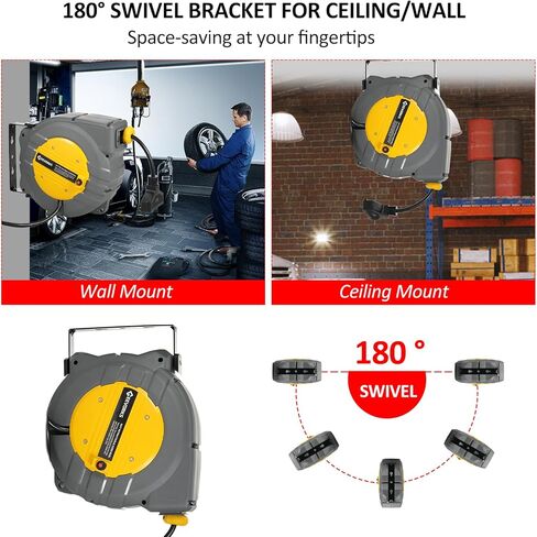 بكرة سلك تمديد قابلة للسحب من Geevorks، بكرة سلك طاقة كهربائية 50+4.5FT، 12AWG 15.6A، 3C SJT مع منفذ صنبور ثلاثي مؤرض، حامل على الحائط/السقف (دوار 180 درجة)، سدادة قابلة للتعديل in Kuwait