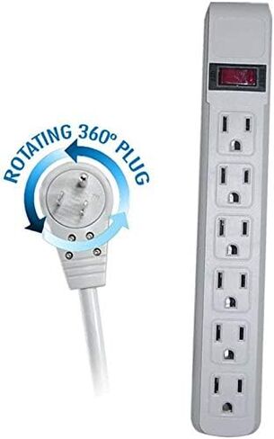 ACL 4 Feet Power Cable with 6 Outlet Surge Protector, Flat Rotating Plug, Horizontal Outlets, Gray, 1 Pack in Kuwait