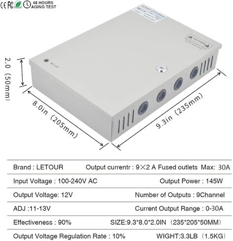 CCTV Power Supply 18CH Channel Port Box, LETOUR Distributed Power Supply Output 12V 30 Amp, for CCTV DVR Security System and Cameras in Kuwait