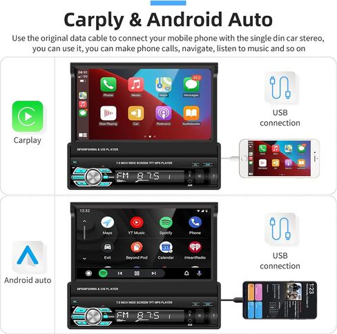 Podofo Single Din Car Stereo 7 بوصة قابلة للطي تعمل باللمس متوافقة مع Apple Carplay & Android Auto Mirror Link مستقبل صوت السيارة كاميرا احتياطية بلوتوث SWC FM راديو USB/TF/AUX وحدة رأس المنفذ in Kuwait