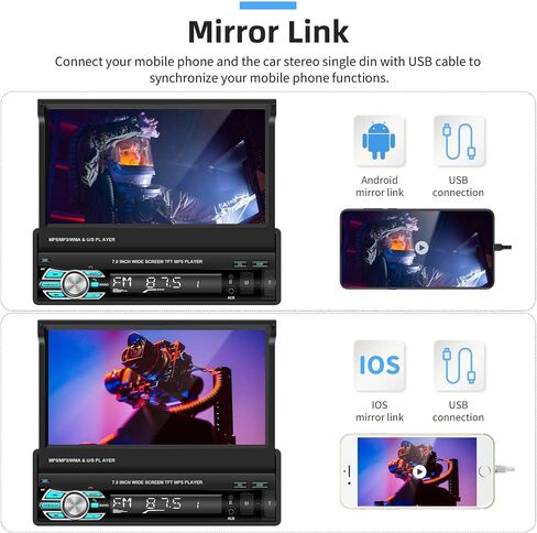 Podofo Single Din Car Stereo 7 بوصة قابلة للطي تعمل باللمس متوافقة مع Apple Carplay & Android Auto Mirror Link مستقبل صوت السيارة كاميرا احتياطية بلوتوث SWC FM راديو USB/TF/AUX وحدة رأس المنفذ in Kuwait